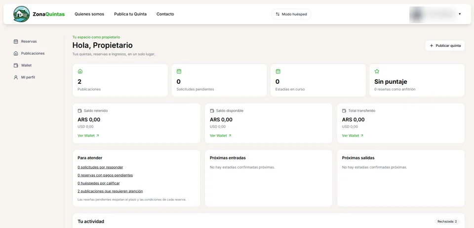 Panel de propietario de ZonaQuintas con publicaciones, solicitudes, estadías y accesos a la wallet