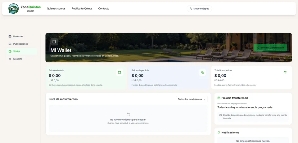 Wallet de ZonaQuintas con saldo retenido, saldo disponible, transferencias y lista de movimientos
