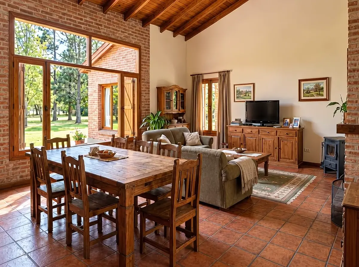 Living y comedor de la casa con vista hacia el jardín